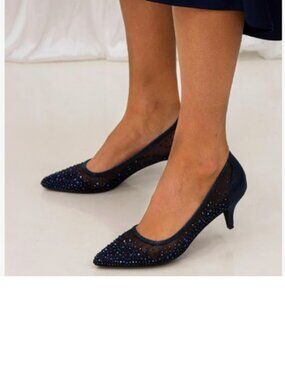 XYD Navy Pointed Toe Slip On Graceful Mesh Rhinestone Studs Kitten Heels Pumps